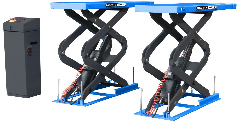 Короткий ножничный заглубляемый подъемник KraftWell KRW360SU, г/п 3,6 т (Синий)